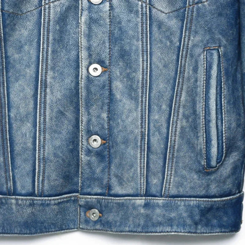 Men’s Genuine Leather Jacket – Vintage Blue Wash, Classic Fit