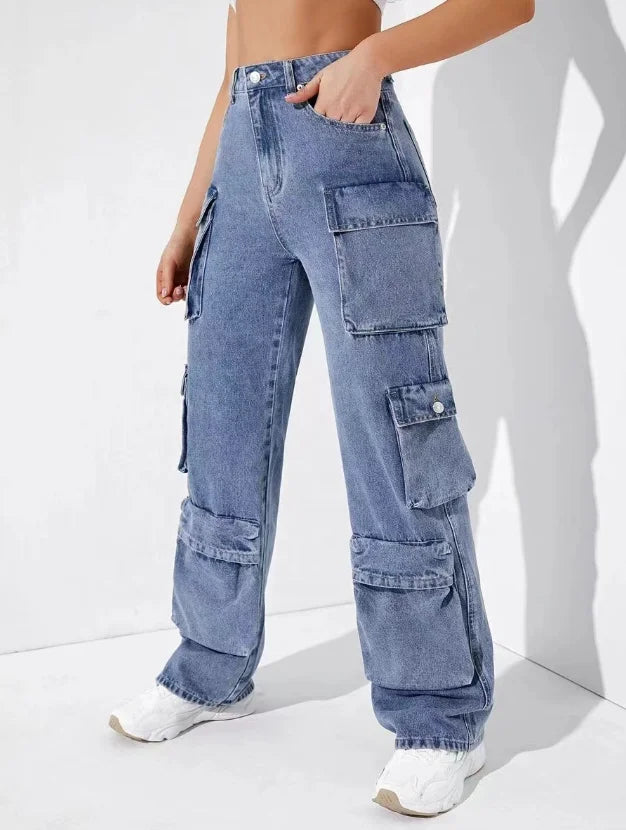 American Retro Handsome Streetwear Women's Fashion Jeans Flip Pocket Denim Cargo Pants High Waist Washed Hiphop Chic Jeans