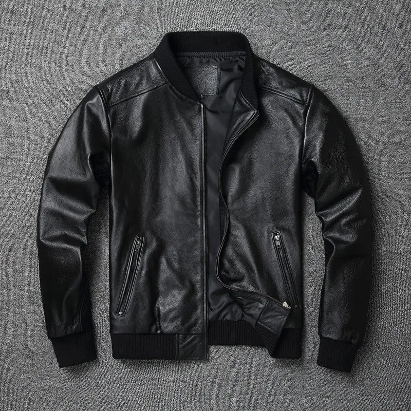 Black Genuine Leather Bomber Jacket for Men – Premium Cowhide