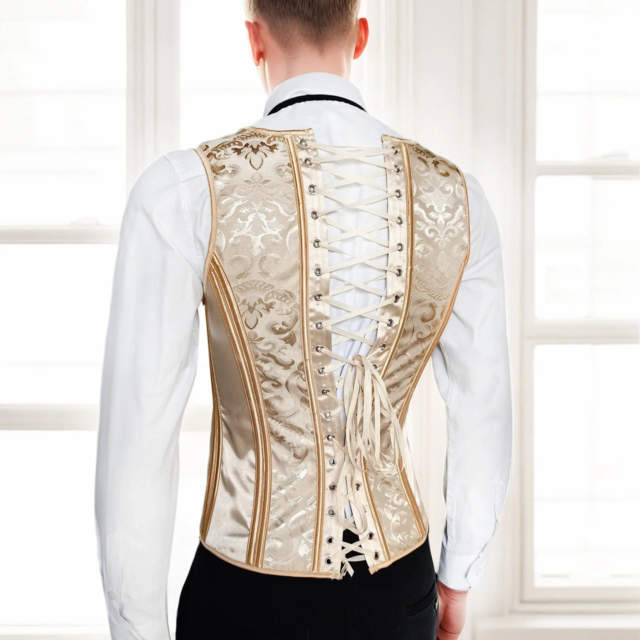 Men’s Corset Waistcoat Vest – Beige Floral, Lace-Up Boned Vest, Adjustable Waist Trainer Style Formal Dress Vest for Wedding, Party, Stage