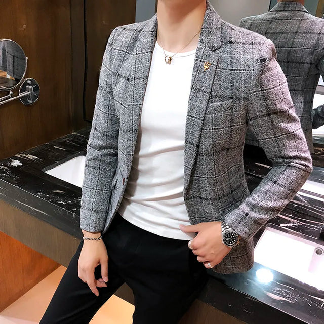 Men's Casual Plaid Suit Jacket Linen Plaid Suit Coat