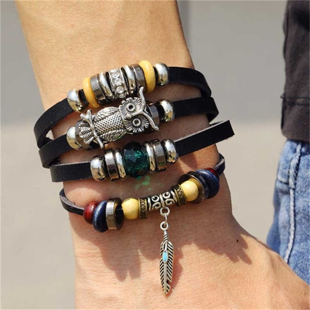 Vintage Gothic Punk Moon Star Metal Multilayer Leather Bracelet Unisex Leaf Bracelets