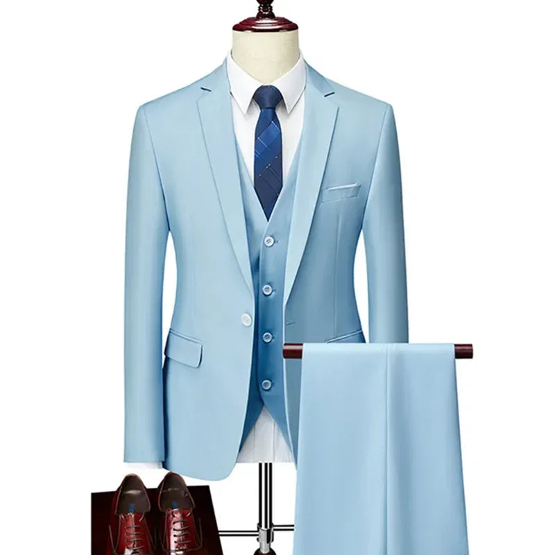 Men’s 3-Piece Slim Fit Suit Set – Blazer, Vest & Pants | Casual Business Solid Color Outfit