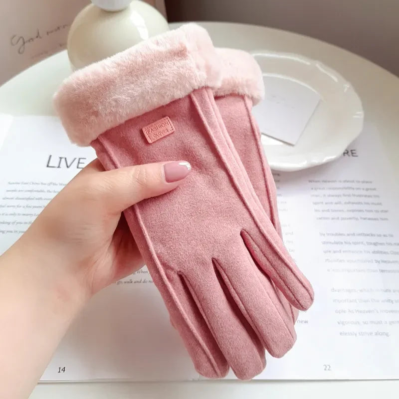 Women Winter Thick Plush Gloves Fashion Warm Suede Outdoor Guantes Lady Touchscreen