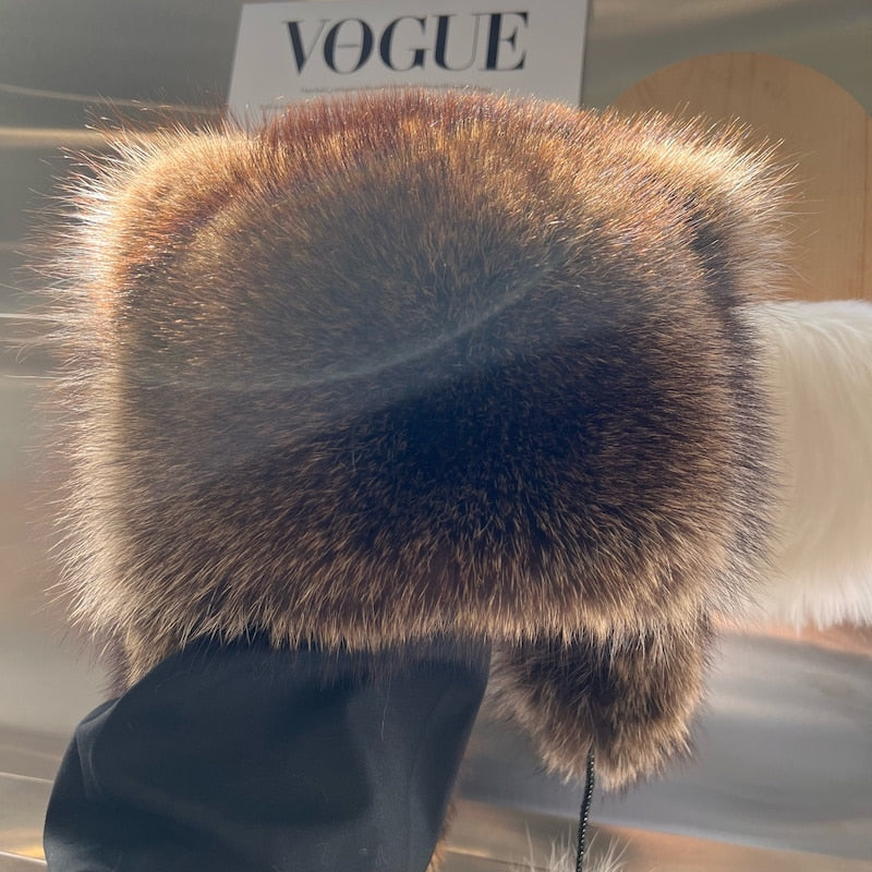 Raccoon Fur Cap Tail Women Natural Raccoon Fur Caps Ushanka Hats Thick Warm Ears Fashion Bomber Pom Pom Hat