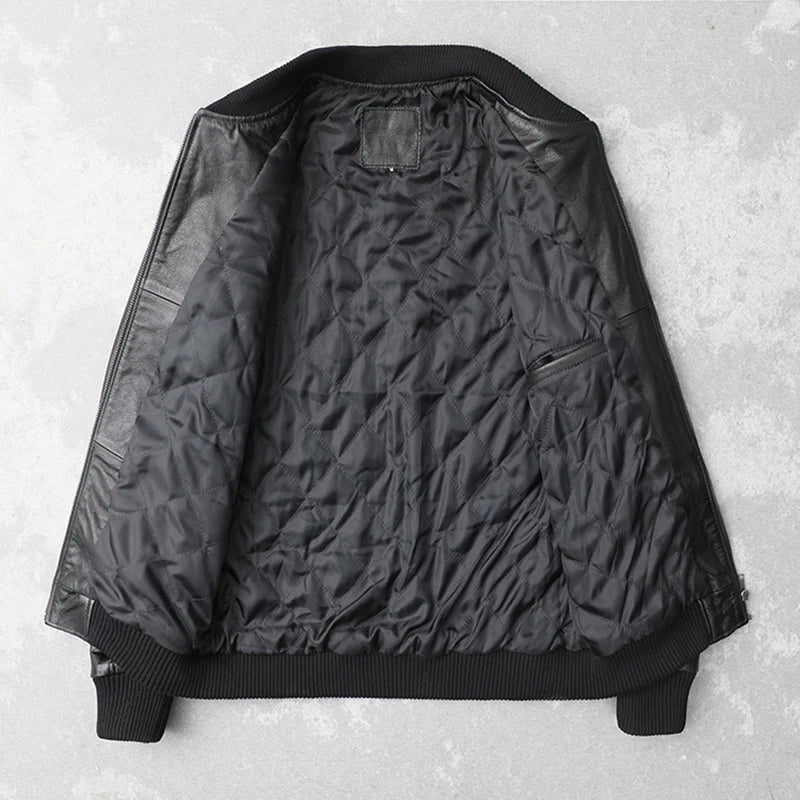 Black Genuine Leather Bomber Jacket for Men – Premium Cowhide