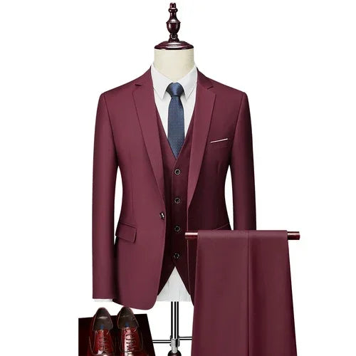 Men’s 3-Piece Slim Fit Suit Set – Blazer, Vest & Pants | Casual Business Solid Color Outfit