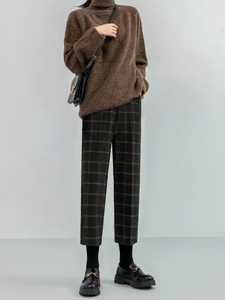 Woolen Plaid Women Formal Straight Pants High Waist Ankle-Length Chic Loose Ladies Pants