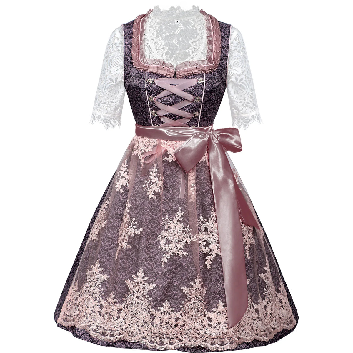 Women’s Purple & Pink Dirndl Dress Set – Bavarian Oktoberfest Costume with Lace Blouse & Embroidered Apron