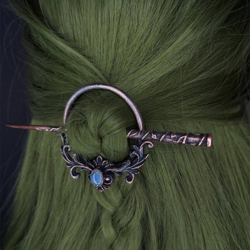 Vintage Carved Moonlight Stone Metal Hair Stick Bohemia Sliding Hairpin