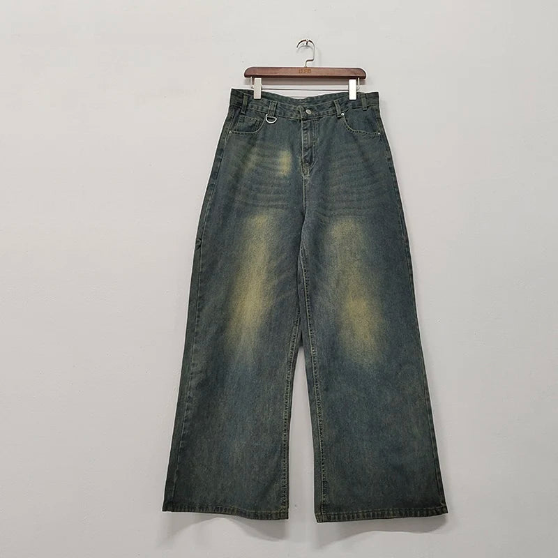 Men's Denim Pants Old Blue Washed Male Jeans Straight  Loose Wide Leg