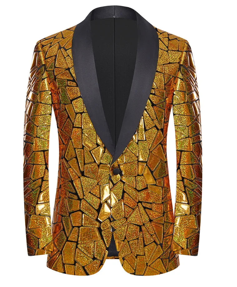 Luxury Men’s Laser Sequin Tuxedo Blazer – One Button Shawl Lapel Dress Suit Jacket for Weddings, Proms, Parties & Formal Events