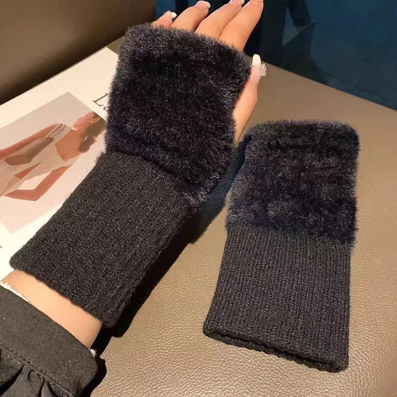 Soft Plush Winter Fingerless Gloves – White Knitted Wrist Warmers