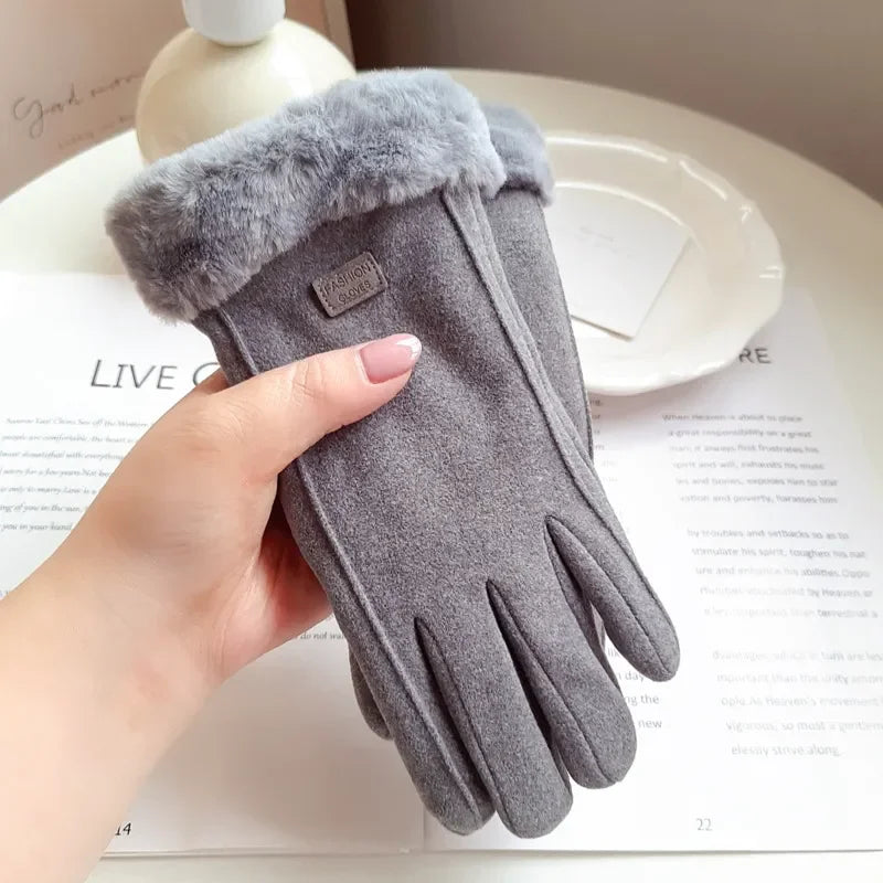 Women Winter Thick Plush Gloves Fashion Warm Suede Outdoor Guantes Lady Touchscreen