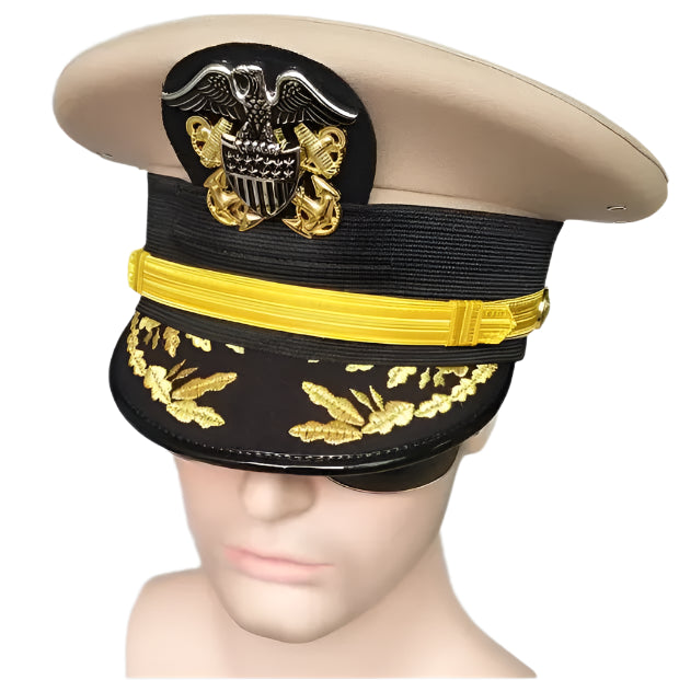 Navy officer's cap with gold accents on a mannequin head against a gray background