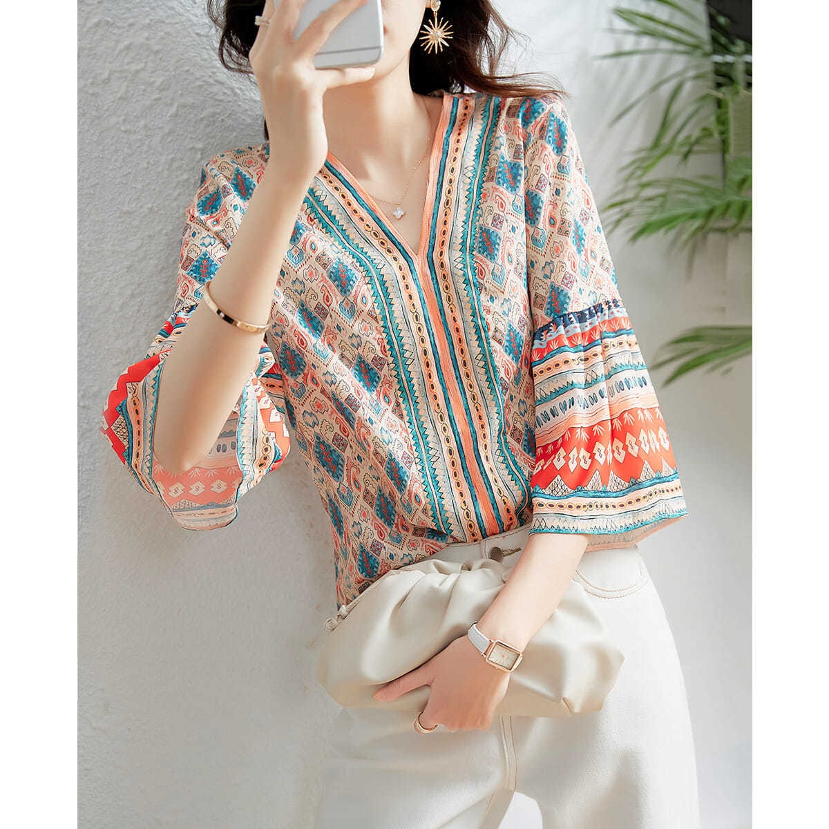 Woman Summer Casual Hafl Flare Sleeve V-Neck Printed Shirt