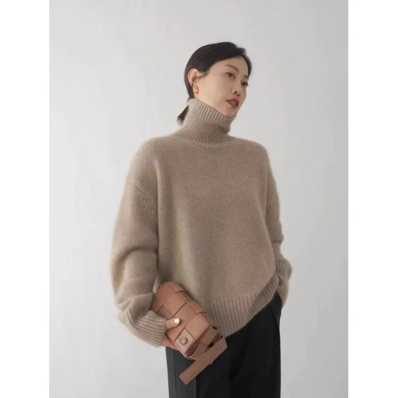 100% Merino Wool Women’s Turtleneck Sweater – Soft Knitted Pullover, Casual Loose Fit,