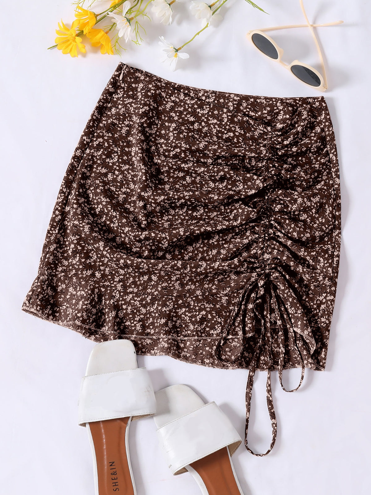 Women Ruffle Summer Mini Skirts Knot Ruched Floral Print