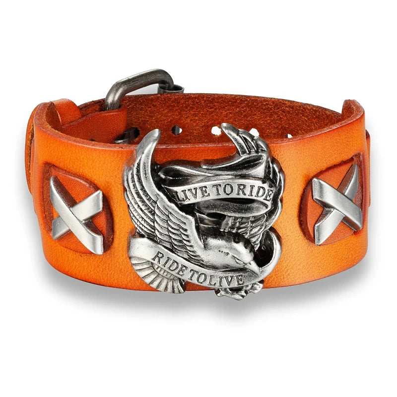 Genuine Leather Ride to live Biker Eagle Bracelets Men Gothic Rock Wide Cuff Wristband