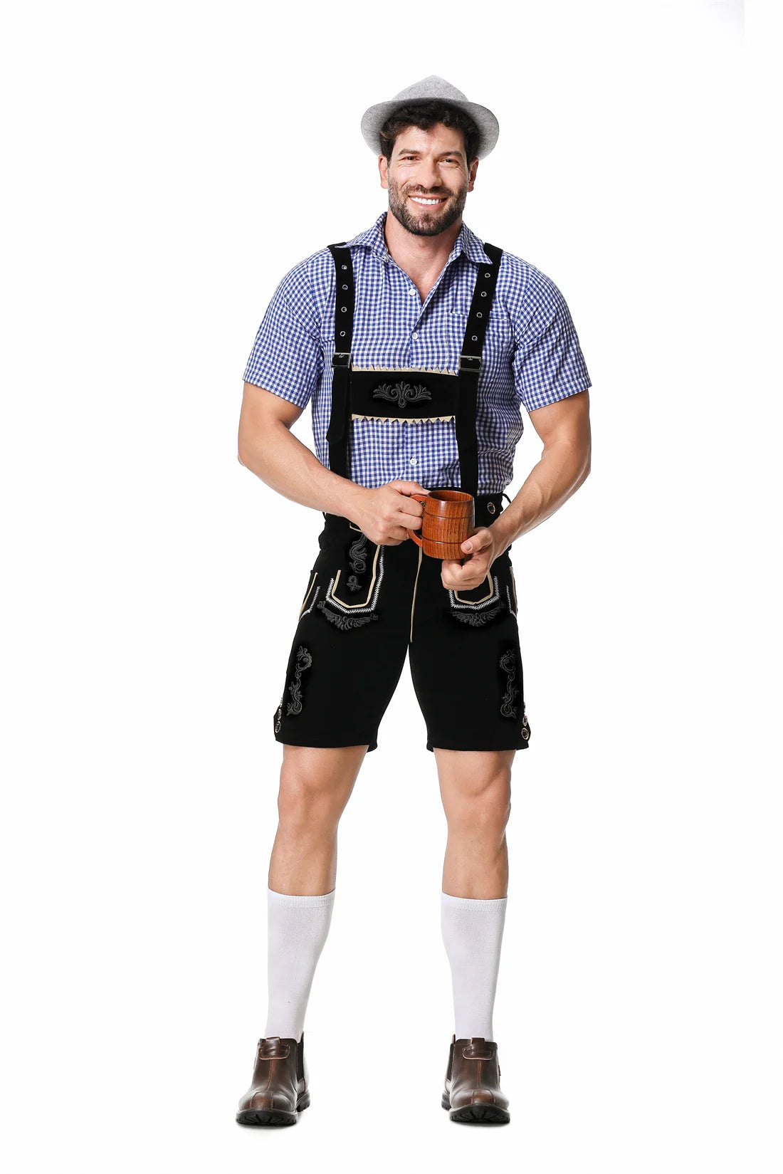 German Oktoberfest Lederhosen Short Sleeve Plaid Shirt Suspenders With Shirt Set & Hat