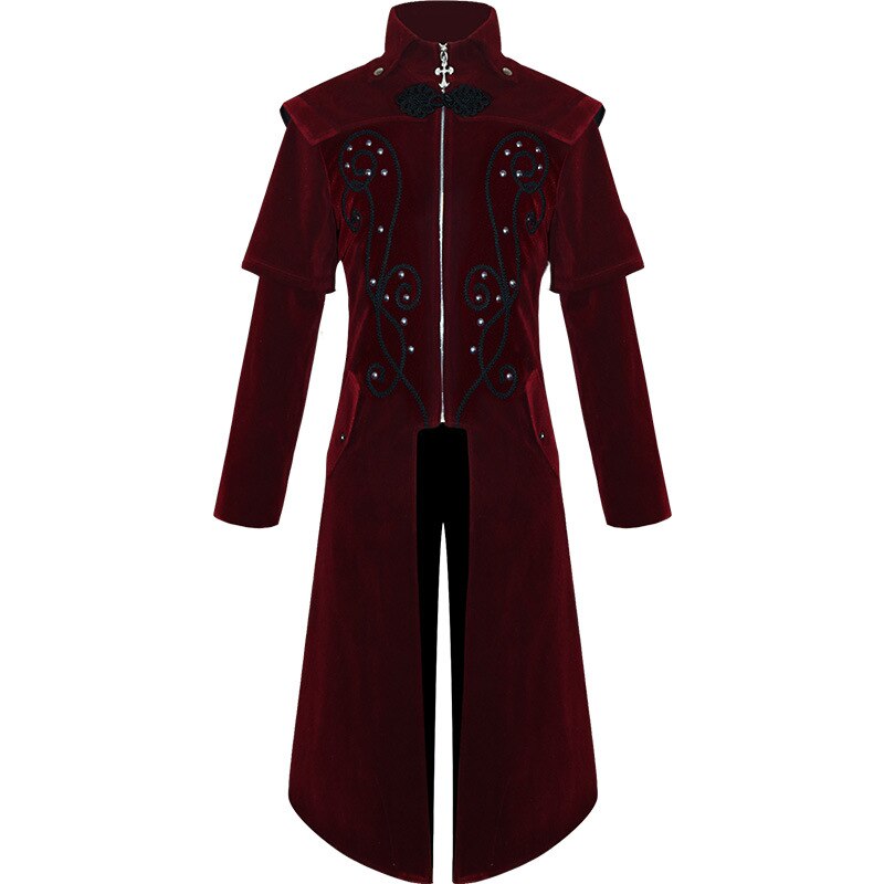 Gothic Carved Black Embroidered Red Velveteen Dovetail Men Coat
