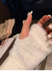 Soft Plush Winter Fingerless Gloves – White Knitted Wrist Warmers