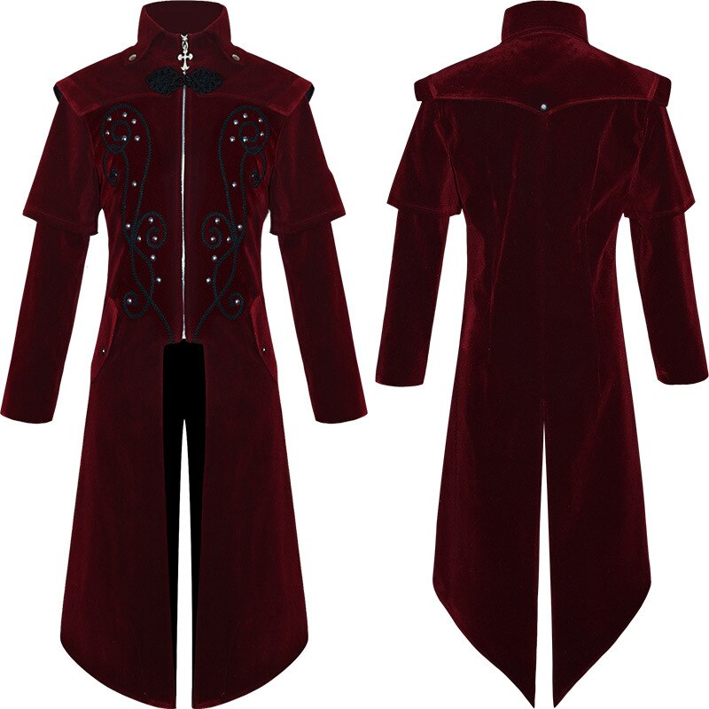 Gothic Carved Black Embroidered Red Velveteen Dovetail Men Coat