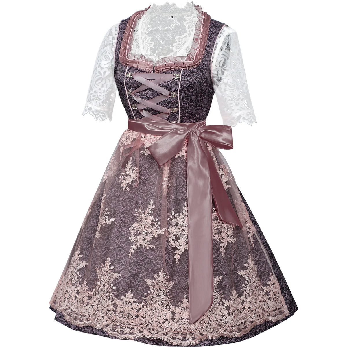 Women’s Purple & Pink Dirndl Dress Set – Bavarian Oktoberfest Costume with Lace Blouse & Embroidered Apron