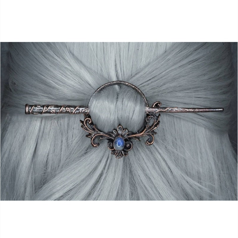Vintage Carved Moonlight Stone Metal Hair Stick Bohemia Sliding Hairpin