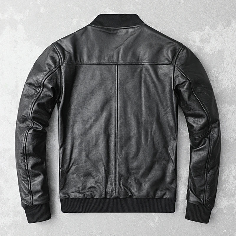 Black Genuine Leather Bomber Jacket for Men – Premium Cowhide