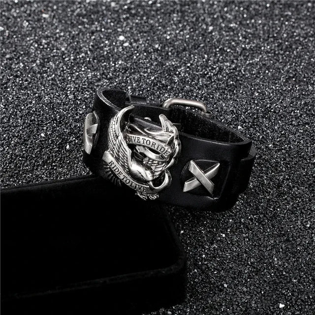 Genuine Leather Ride to live Biker Eagle Bracelets Men Gothic Rock Wide Cuff Wristband