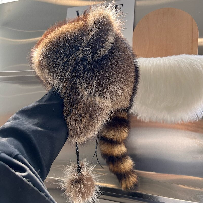 Raccoon Fur Cap Tail Women Natural Raccoon Fur Caps Ushanka Hats Thick Warm Ears Fashion Bomber Pom Pom Hat