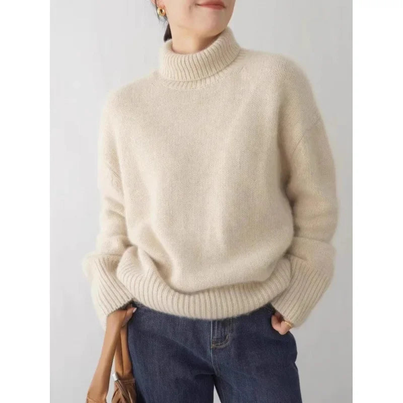 100% Merino Wool Women’s Turtleneck Sweater – Soft Knitted Pullover, Casual Loose Fit,