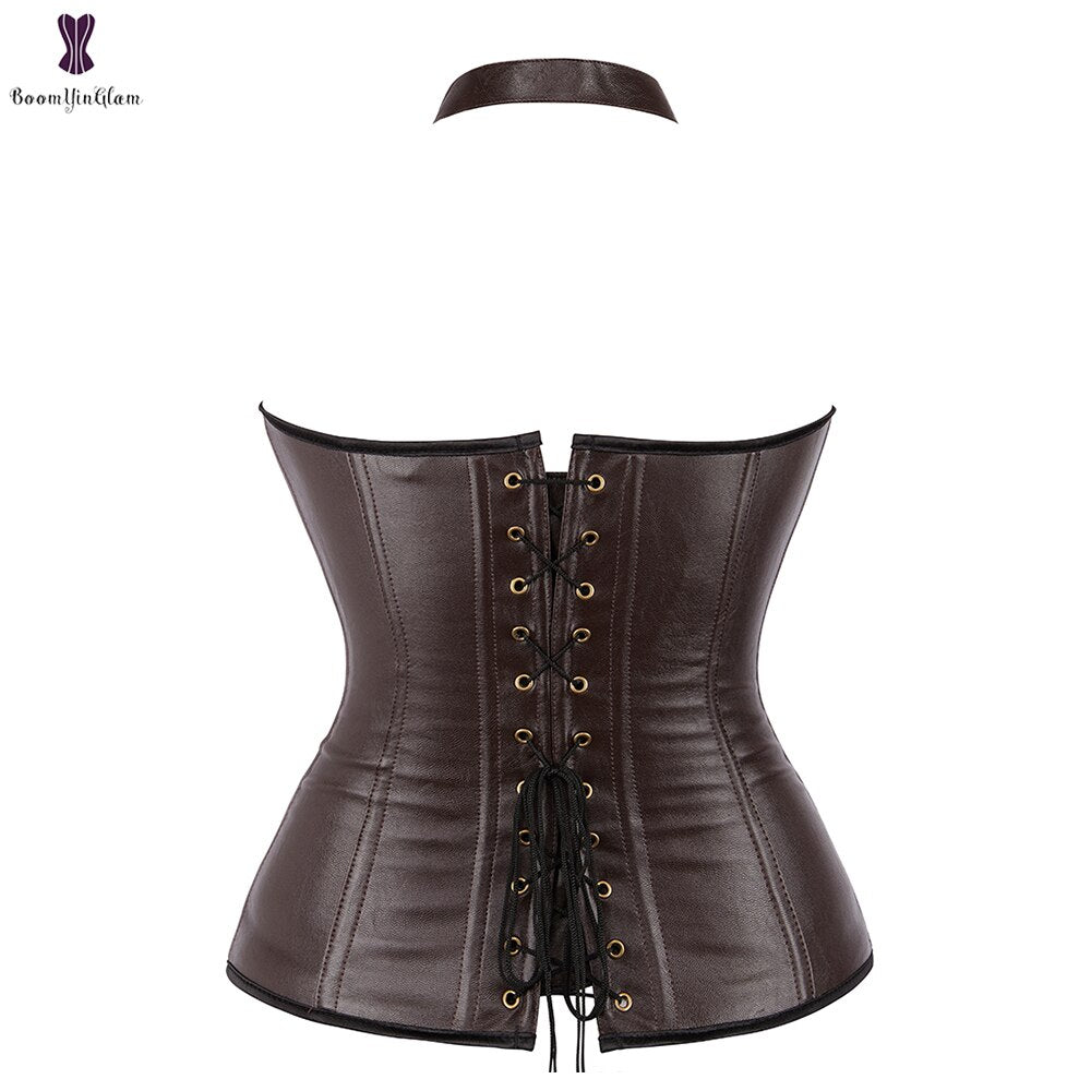 Women Vest Waist Cincher Corsets Faux Leather Bustier Steampunk Corset Boned Corselet Overbust Lace Up
