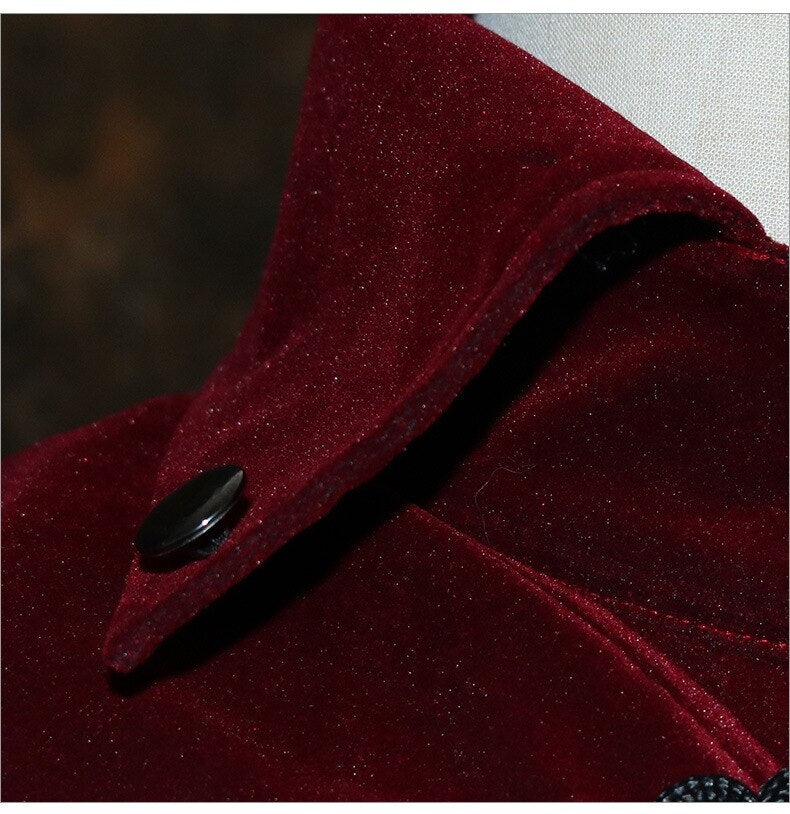 Gothic Carved Black Embroidered Red Velveteen Dovetail Men Coat