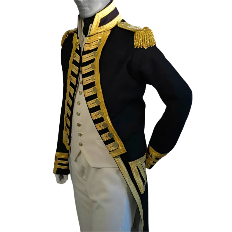 Historical military uniform with gold accents on a mannequin against a plain background