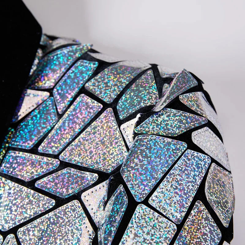 Luxury Men’s Laser Sequin Tuxedo Blazer – One Button Shawl Lapel Dress Suit Jacket for Weddings, Proms, Parties & Formal Events