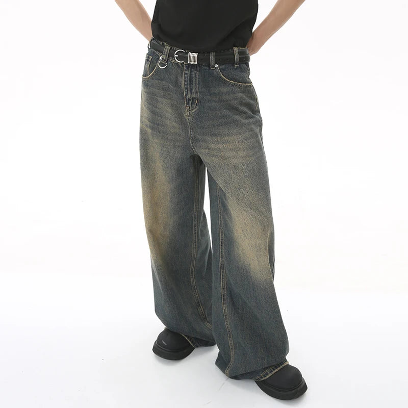 Men's Denim Pants Old Blue Washed Male Jeans Straight  Loose Wide Leg