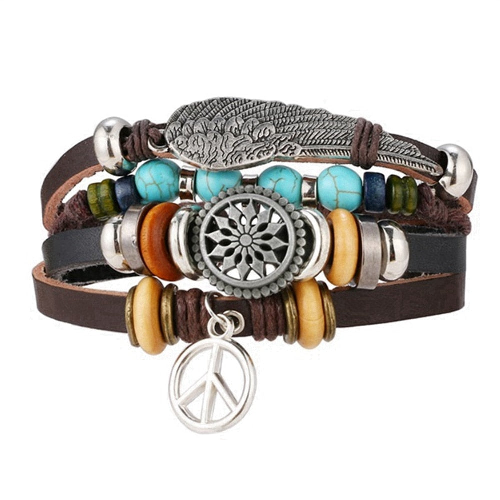 Vintage Gothic Punk Moon Star Metal Multilayer Leather Bracelet Unisex Leaf Bracelets