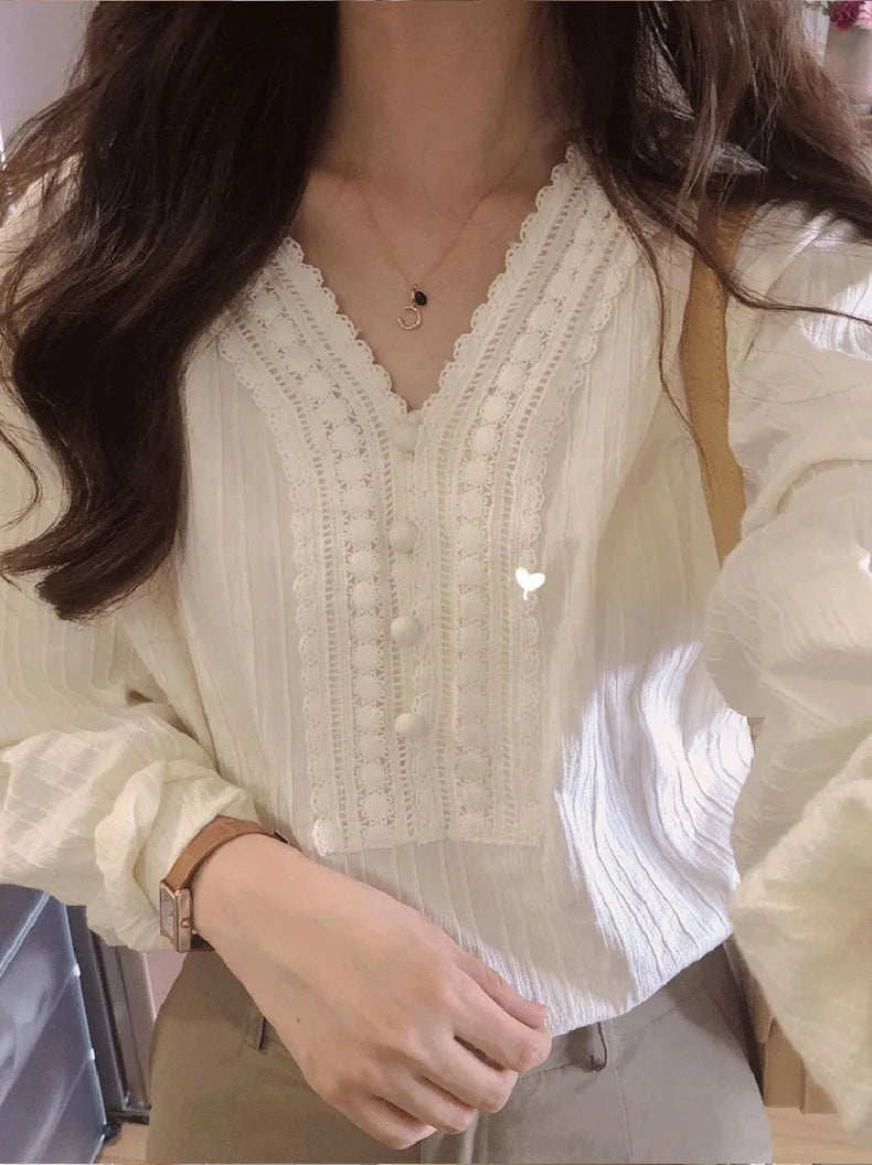 Women's Cotton Long Lantern Sleeve Blouse, Tops, V-neck