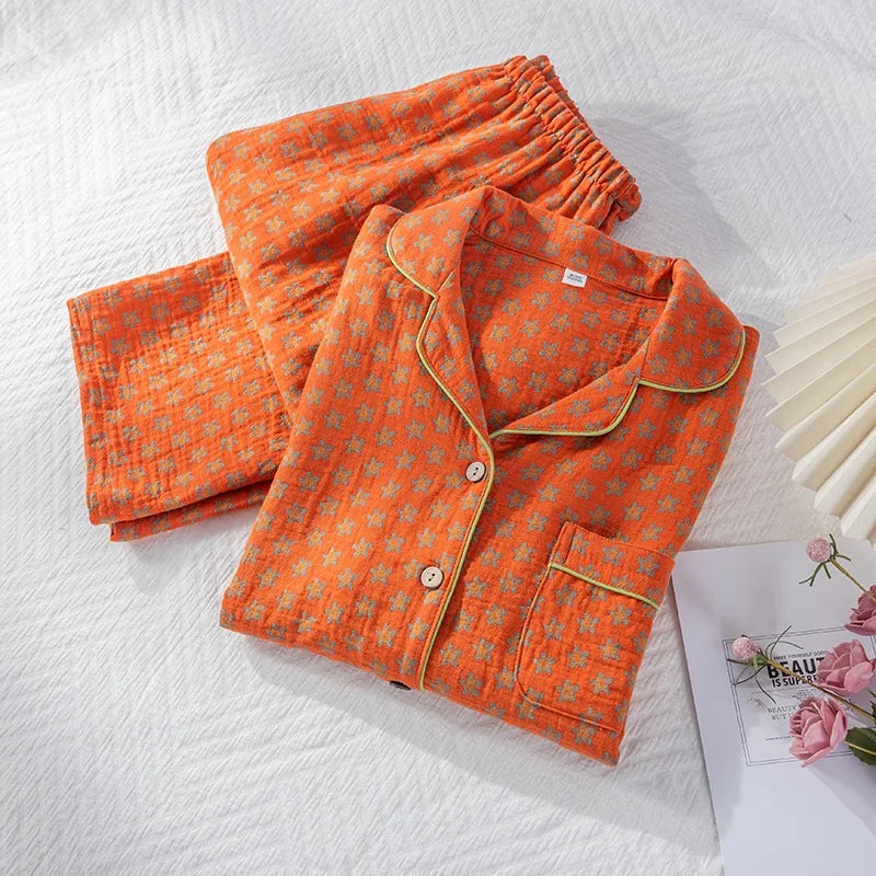 100% Cotton Crepe Winter Pajama Set for Women, Long Sleeve 2 Piece Plus Size Loungewear Sleepwear