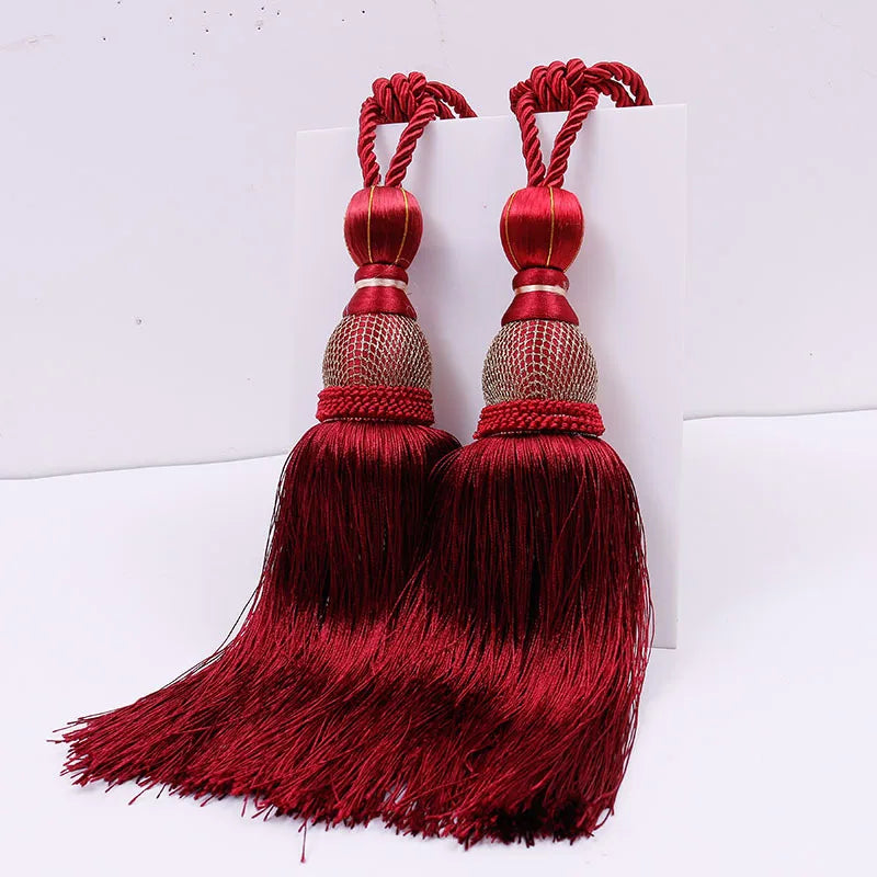 Pair of Large Luxury Curtain Tassels – Decorative Polyester Silk Gold Tiebacks with Tennis-Style Hanging Ear Design for Home & Living Room Drapes