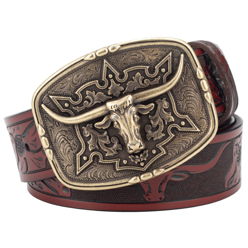 Fashion Men's Belt West Cowboy Genuine Leather Bull Head Buckle