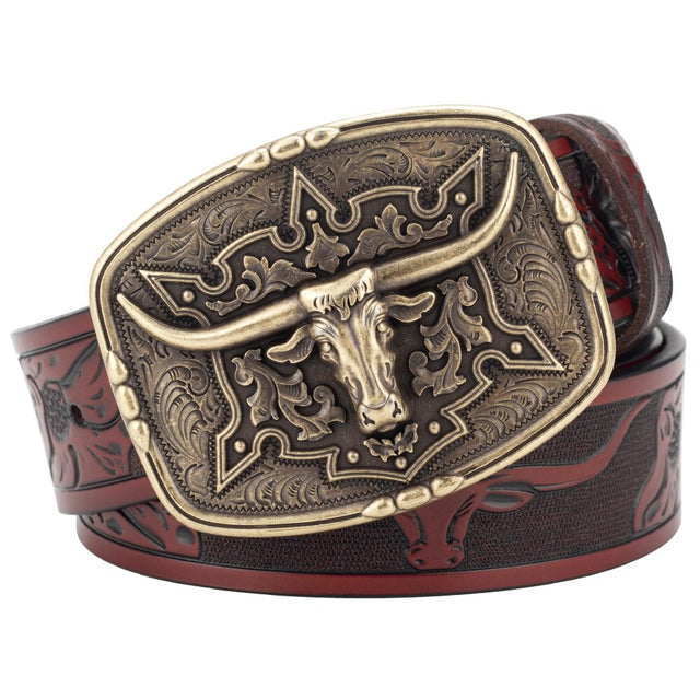 Fashion Men's Belt West Cowboy Genuine Leather Bull Head Buckle