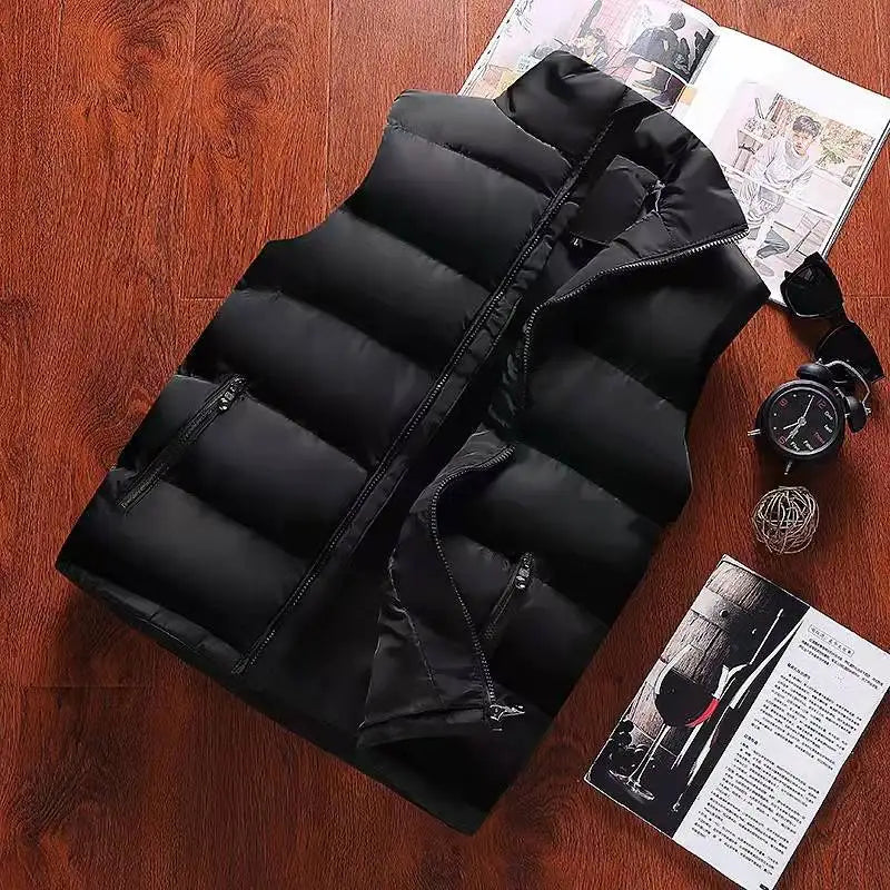 Men's Warm Puffer  Vest Jacket Winter Sleeveless Waterproof Zip Waistcoat Stand Collar Casual