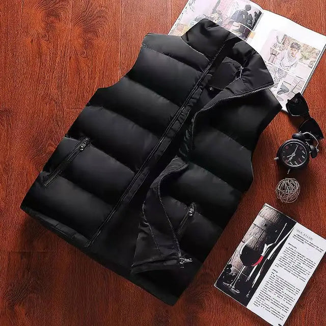Men's Warm Puffer  Vest Jacket Winter Sleeveless Waterproof Zip Waistcoat Stand Collar Casual
