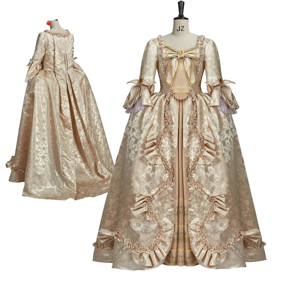 Elaborate beige gown with intricate details on a white background, featuring the Legend Cosplay logo.