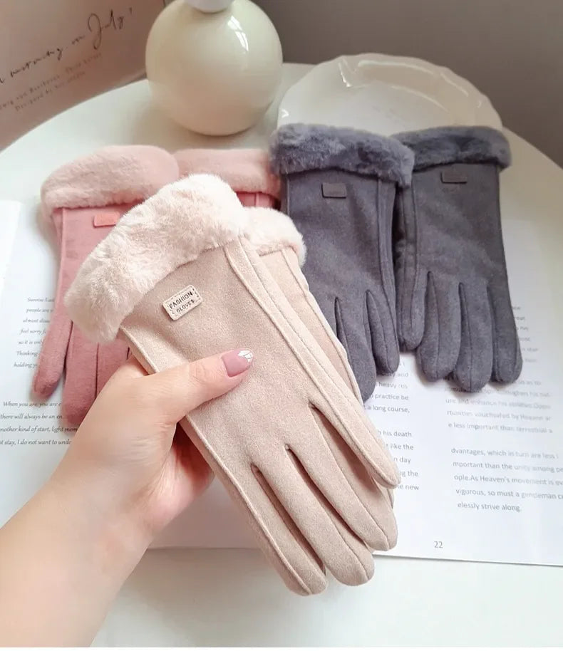 Women Winter Thick Plush Gloves Fashion Warm Suede Outdoor Guantes Lady Touchscreen