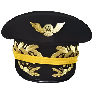 Black pilot hat with gold accents on a white background