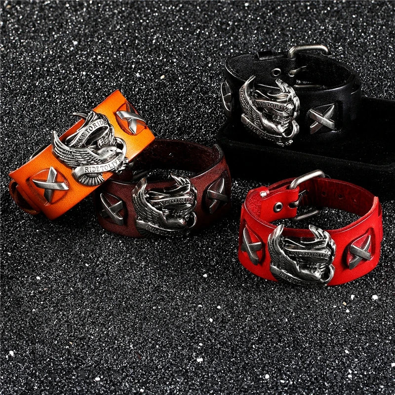 Genuine Leather Ride to live Biker Eagle Bracelets Men Gothic Rock Wide Cuff Wristband
